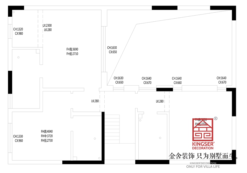 正定開(kāi)元府260平別墅裝修戶(hù)型二層原始平面圖